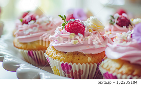 Birthday cake with candles and flowers on the table. Selective focus 132235184
