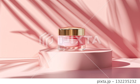 Cosmetic cream in a glass jar on pink background. Skin care concept. Backdrop for beauty products 132235232