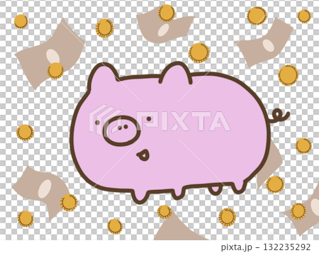 ピンクのかわいい豚とお札とコイン ピンクのかわいい豚とお札とコイン 132235292