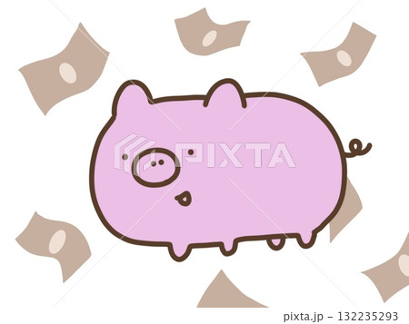 ピンクのかわいい豚とお札 132235293