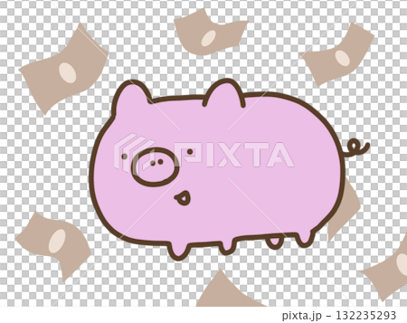 ピンクのかわいい豚とお札 132235293