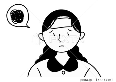 熱が治らずモヤモヤするまとめ髪の女性 132235461