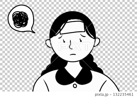 熱が治らずモヤモヤするまとめ髪の女性 132235461