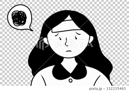 A long-haired girl with a fever who is feeling uneasy A long-haired girl with a fever who is feeling uneasy 132235463