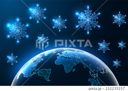 Digital snowflakes falling over Earth globe view, futuristic global Christmas vector concept 132235557