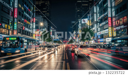 A dynamic night shot of a bustling South Korean city street, likely Gangnam or Myeongdong in Seoul A dynamic night shot of a bustling South Korean city street, likely Gangnam or Myeongdong in Seoul 132235722