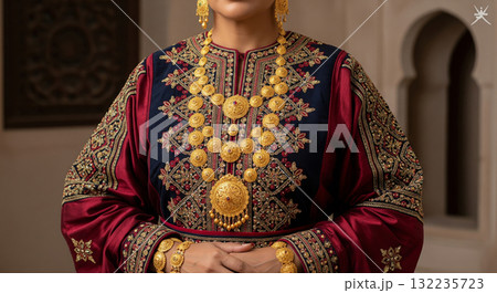A beautiful woman, dressed in a traditional Omani green kaftan with elaborate gold embroidery, a headscarf, and stunning heavy gold jewelry A beautiful woman, dressed in a traditional Omani green kaftan with elaborate gold embroidery, a headscarf, and stunning heavy gold jewelry 132235723