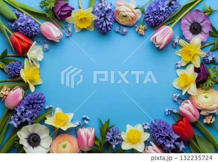 Beautiful floral frame on a vibrant blue background, featuring a colorful assortment of spring flowers Beautiful floral frame on a vibrant blue background, featuring a colorful assortment of spring flowers 132235724
