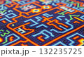 An extreme close-up, macro shot of a brightly coloured piece of intricate beadwork or mosaic, consistent with traditional Huichol art from Mexico. 132235725
