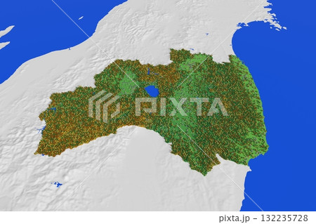 標高・森林・住宅地をかわいく再現した福島県地図 132235728