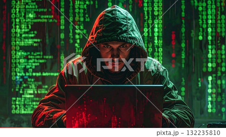 フードを被ったハッカー ランサムウェア サイバー犯罪のイメージ AI生成素材 132235810