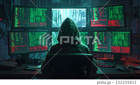 フードを被ったハッカー ランサムウェア サイバー犯罪のイメージ AI生成素材 フードを被ったハッカー ランサムウェア サイバー犯罪のイメージ AI生成素材 132235811