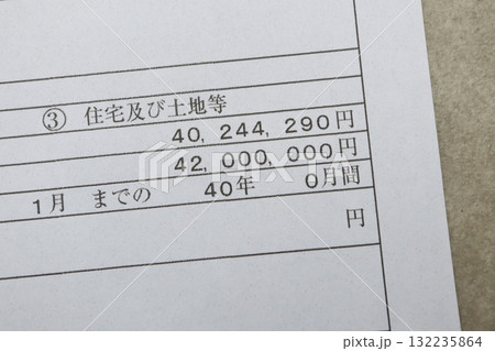 住宅ローン40年返済と年末残高の記載された書類の一部。 132235864