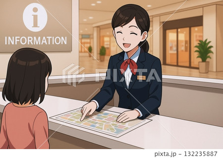 笑顔でフロアマップを指し示すショッピングモールの受付スタッフ 132235887