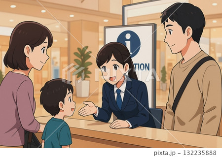 家族連れに対応するショッピングモールの受付スタッフ　笑顔のコミュニケーション 132235888