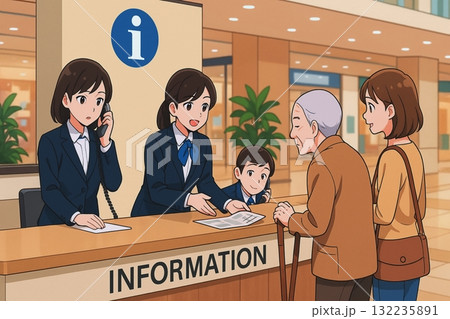 電話対応を行う受付スタッフと接客中のスタッフ　ショッピングモールの案内カウンター 132235891
