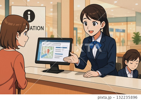 モニターを使って案内するショッピングモールの受付スタッフ　デジタル案内シーン 132235896