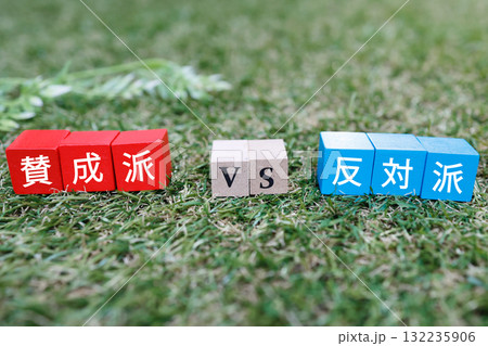 賛成派と反対派の対立をイメージした赤と青のブロック。 132235906