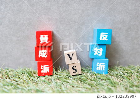 賛成派と反対派の対立をイメージした赤と青のブロック。 賛成派と反対派の対立をイメージした赤と青のブロック。 132235907