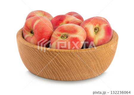 chinese flat donut peaches in wooden bowl isolated on white background 132236064