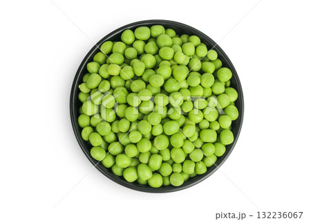 Fresh green peas in ceramic bowl isolated on white background. Top view. Flat lay Fresh green peas in ceramic bowl isolated on white background. Top view. Flat lay 132236067