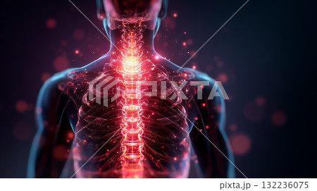 肩から腰までの脊椎を強調した人体イメージ 132236075