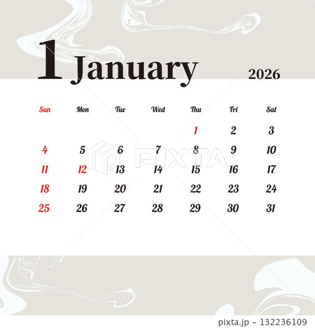 お洒落な2026年1月の月間カレンダー 日曜始まり 132236109