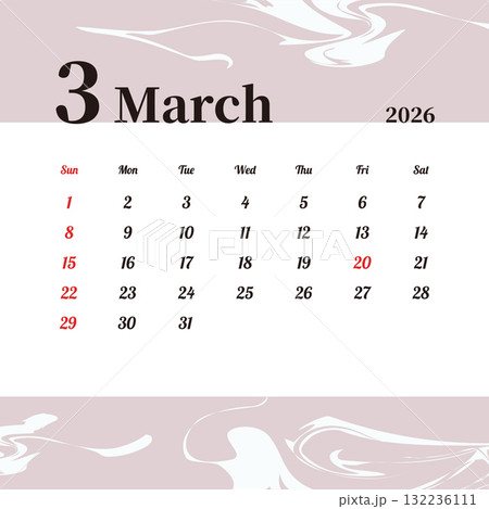 お洒落な2026年3月の月間カレンダー 日曜始まり お洒落な2026年3月の月間カレンダー 日曜始まり 132236111