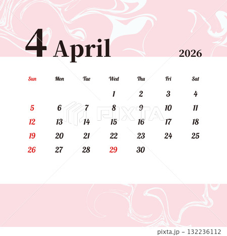 お洒落な2026年4月の月間カレンダー 日曜始まり 132236112