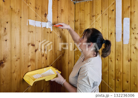 Painting with roller creates wide white stripe across vertical wooden panels, female painter holds yellow tray near wall while applying first layer of paint. Painting with roller creates wide white stripe across vertical wooden panels, female painter holds yellow tray near wall while applying first layer of paint. 132236306