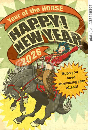 2026年賀状テンプレート「ヴィンテージ看板風デザイン」ハッピーニューイヤー 英語添え書き付 2026年賀状テンプレート「ヴィンテージ看板風デザイン」ハッピーニューイヤー 英語添え書き付 132236397