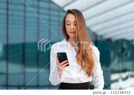 Businesswoman with long brown hair using Businesswoman with long brown hair using 132236412