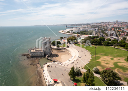 Aerial shot of tourists visiting Belem Tower on Aerial shot of tourists visiting Belem Tower on 132236413