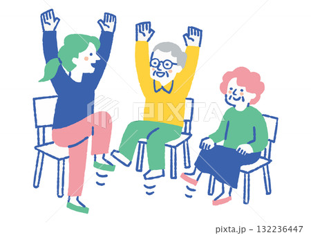 高齢者施設で体操をする男女_色 高齢者施設で体操をする男女_色 132236447