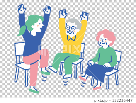 高齢者施設で体操をする男女_色 高齢者施設で体操をする男女_色 132236447