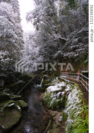 薄っすらと雪が積もるきれいな関吉の疎水溝 薄っすらと雪が積もるきれいな関吉の疎水溝 132236692