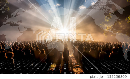 AIと人類の未来的融合を象徴する群衆 132236809