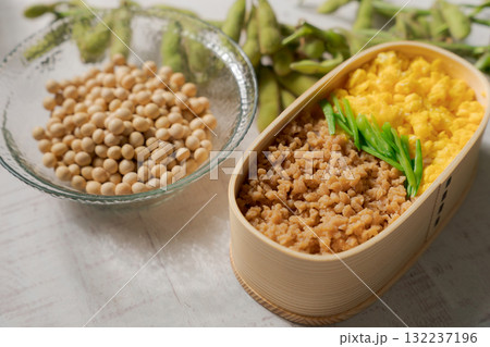 大豆ミートで作られたそぼろ弁当 132237196