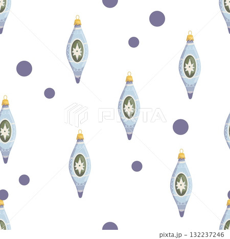 Seamless Christmas pattern with vintage glass ornaments and violet dots 132237246