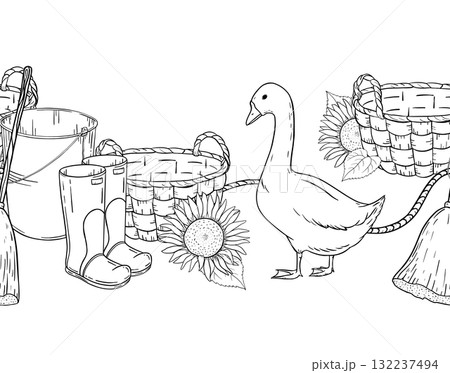 Hand drawn seamless ink line art border of rustic barn interior with goose, bucket, boots, broom, sunflower. Vintage countryside farm atmosphere for packaging, textile, wrapping, educational projects. 132237494