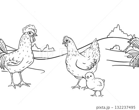 Ink line art seamless border of countryside farm with hens and rooster walking across an open rural field. Ideal for packaging, textile prints, children books, wrapping rustic branding projects. Ink line art seamless border of countryside farm with hens and rooster walking across an open rural field. Ideal for packaging, textile prints, children books, wrapping rustic branding projects. 132237495