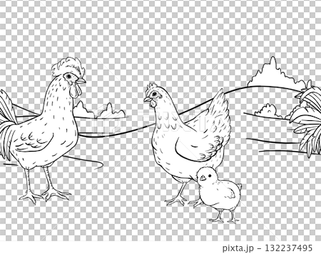 Ink line art seamless border of countryside farm with hens and rooster walking across an open rural field. Ideal for packaging, textile prints, children books, wrapping rustic branding projects. Ink line art seamless border of countryside farm with hens and rooster walking across an open rural field. Ideal for packaging, textile prints, children books, wrapping rustic branding projects. 132237495