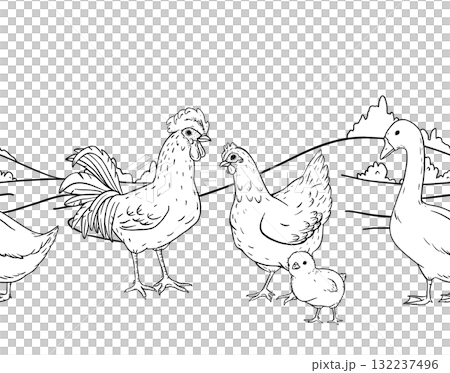 Ink line art seamless border of countryside farm with hens and rooster walking across an open rural field. Ideal for packaging, textile prints, children books, wrapping rustic branding projects. 132237496