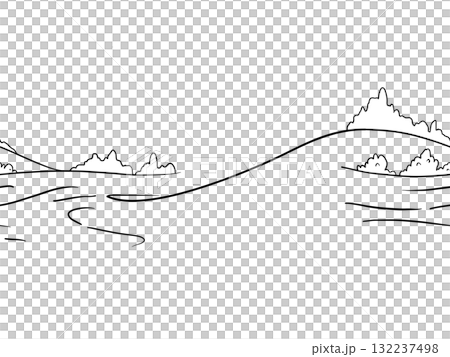 Hand drawn seamless ink line art border of countryside landscape, with rolling hills, distant mountains and open rural horizon. Calm pastoral illustration for packaging, textiles, coloring pages 132237498