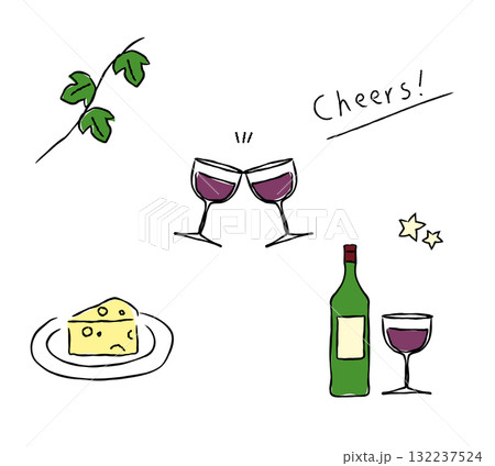 おしゃれなワインのイラスト素材セット おしゃれなワインのイラスト素材セット 132237524