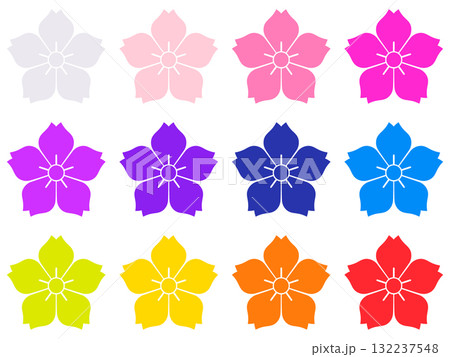花びら5枚の花 カラフルなスタンプ風のアイコン素材12色セット 花びら5枚の花 カラフルなスタンプ風のアイコン素材12色セット 132237548