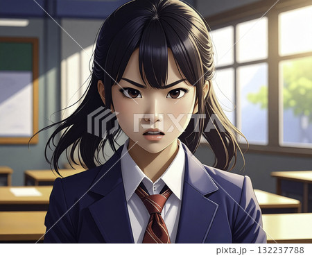怒った表情の女子高校生のアニメ風イラスト 132237788