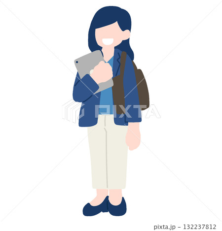 タブレットを持って立つビジネスパーソン[女性]のフラットなイラスト 132237812