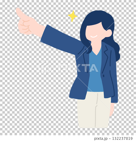 Flat illustration of a businesswoman pointing diagonally upwards 132237819