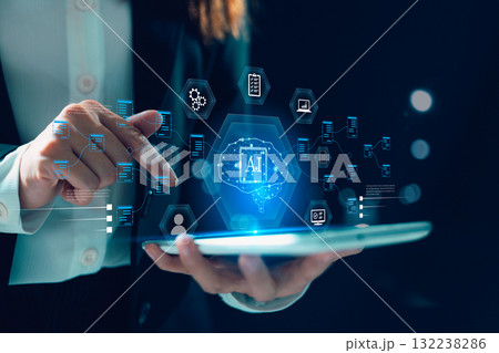 Businesswoman interacts virtual graphic interface, global AI chatbot by futuristic AI tech, artificial intelligence respond to command prompt, generating, internet connected business technology. Businesswoman interacts virtual graphic interface, global AI chatbot by futuristic AI tech, artificial intelligence respond to command prompt, generating, internet connected business technology. 132238286